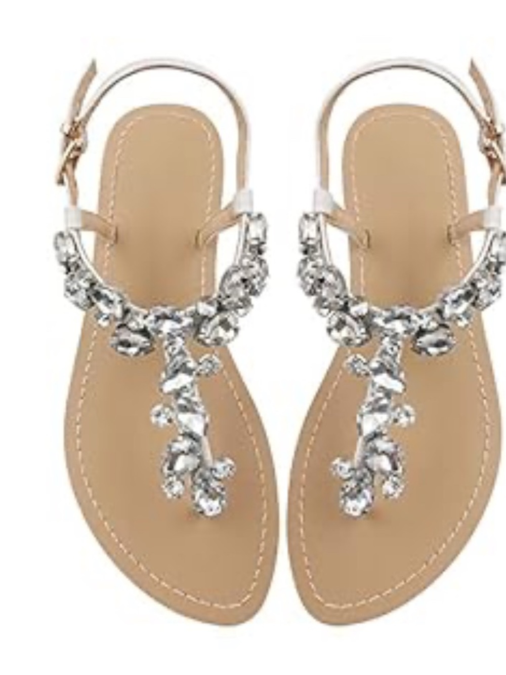 Crystal Embellished T-Strap Sandals Rhinestone Flat Summer Dressy Shoes